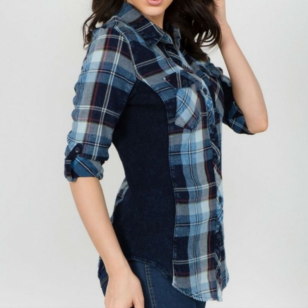 Ci Sono Plaid NORI Blue Plaid Button Down Shirt Nwt - Picture 2 of 12
